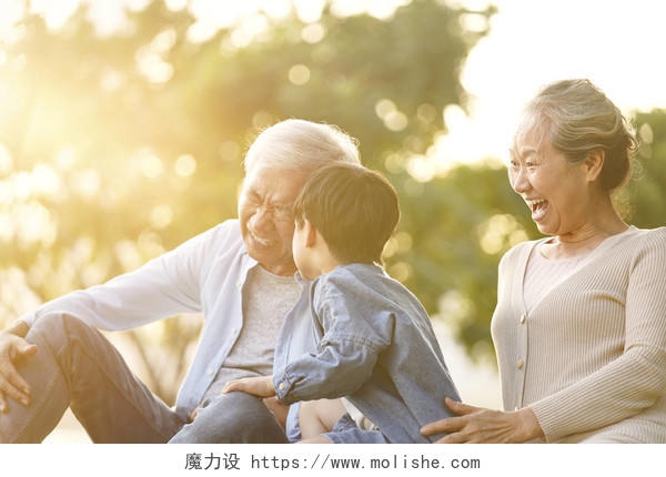 孙子祖父和祖母坐在公园里草地上幸福一家人幸福家庭幸福的人